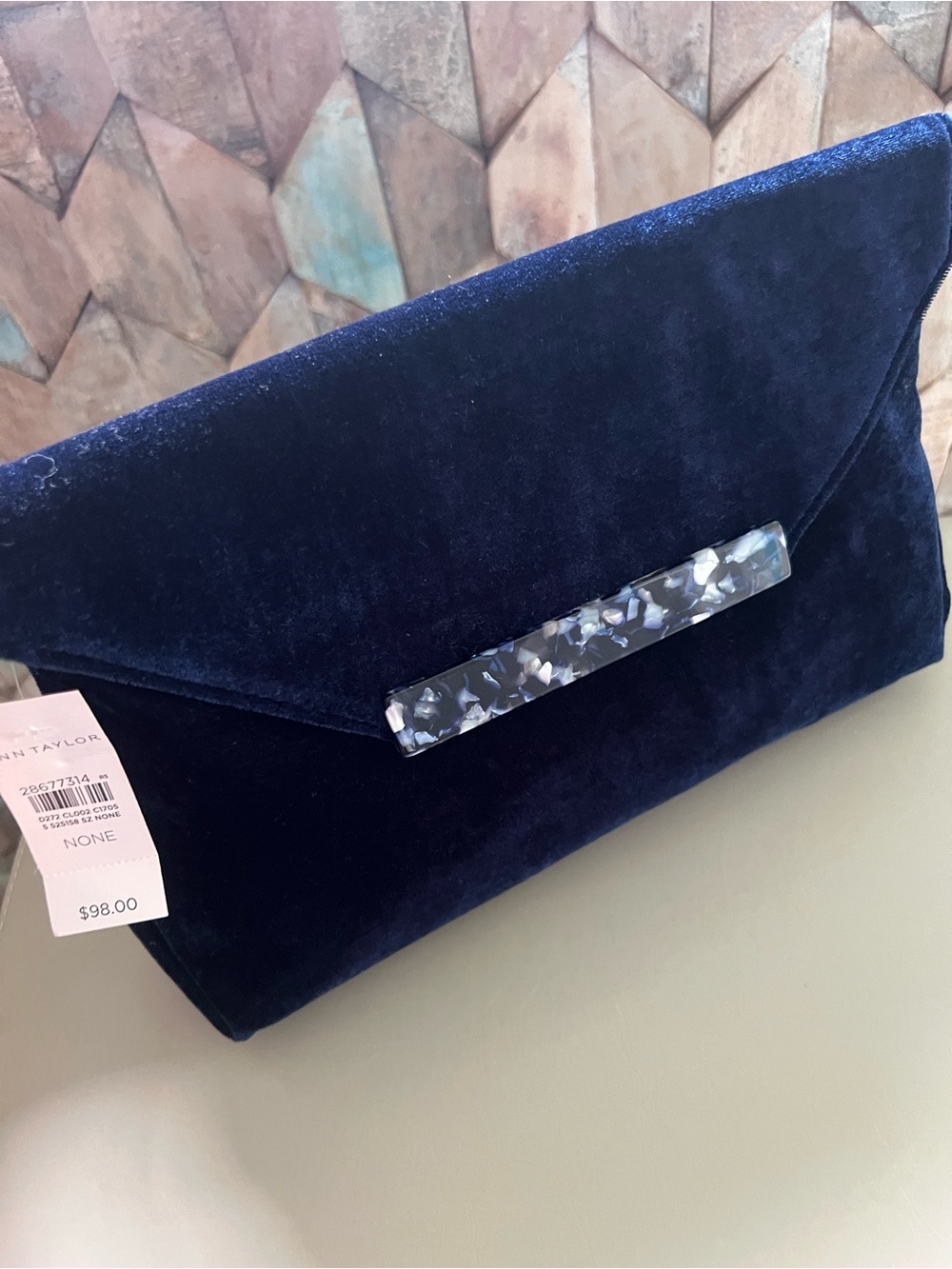 Ann Taylor Navy Velveteen Clutch with Marbled Accent NWT